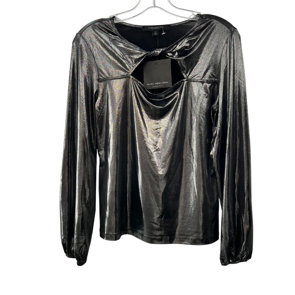 Marc New York Liquid Metallic Top Long Sleeve Cut Out Silver Size Small New